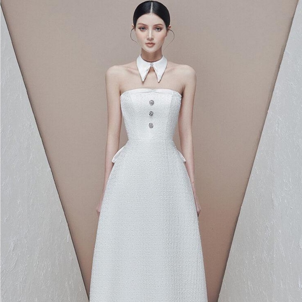 Raffiné Designer White Strapless Tweed Midi Dress - Picture 4 of 7
